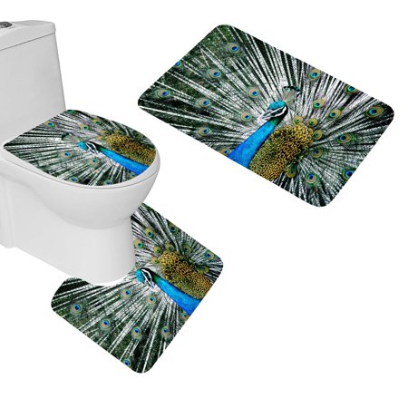 CHAPLLE Colorful Peacock Feather 3 Piece Bathroom Rugs Set Bath Rug Contour Mat and Toilet Lid Cover