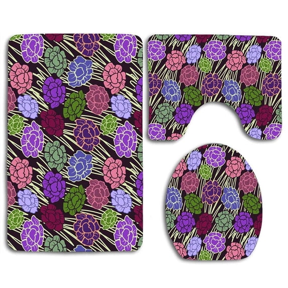 CHAPLLE Colorful Rose Floral 3 Piece Bathroom Rugs Set Bath Rug Contour Mat and Toilet Lid Cover