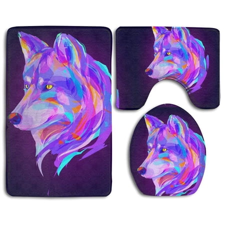 CHAPLLE Colorful Wolf 3 Piece Bathroom Rugs Set Bath Rug Contour Mat and Toilet Lid Cover