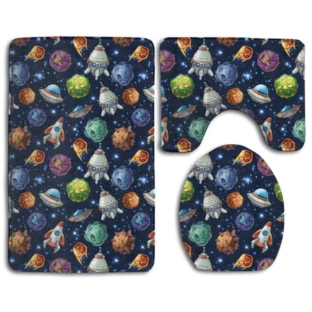 CHAPLLE Comic Space Planets and Spaceships 3 Piece Bathroom Rugs Set Bath Rug Contour Mat and Toilet Lid Cover