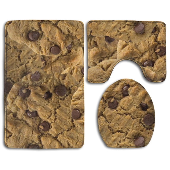 CHAPLLE Cookie Chocolate Chip Cookies! 3 Piece Bathroom Rugs Set Bath Rug Contour Mat and Toilet Lid Cover