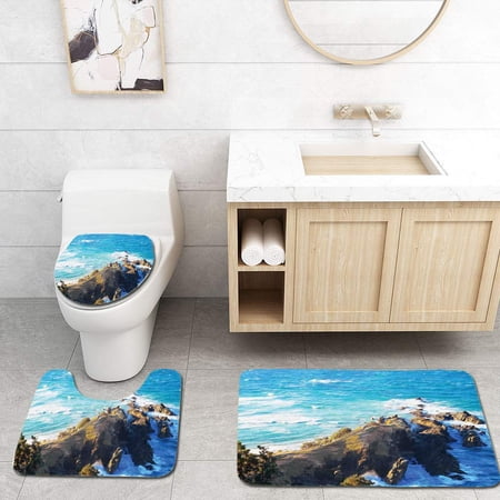 CHAPLLE Country Aerial View Australien Cliffs by Sea Waves Scary High Destination 3 Piece Bathroom Rugs Set Bath Rug Contour Mat and Toilet Lid Cover