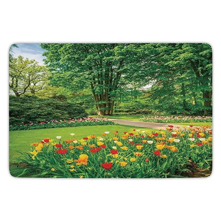 CHAPLLE Country DecorGarden in Keukenhof Colorful Tulip Flowers and Trees Foliage Spring in Netherlands 3 Piece Bathroom Rugs Set Bath Rug Contour Mat and Toilet Lid Cover