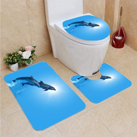 CHAPLLE Couple Jumping Dolphins sea Sky 3 Piece Bathroom Rugs Set Bath Rug Contour Mat and Toilet Lid Cover