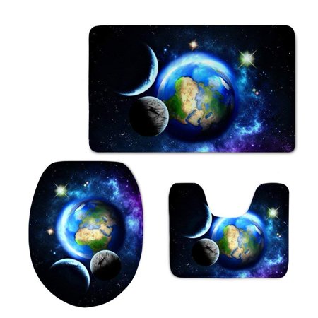 CHAPLLE Creative Globe 3 Piece Bathroom Rugs Set Bath Rug Contour Mat and Toilet Lid Cover