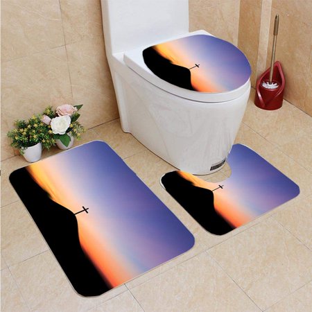 CHAPLLE Cross Hill Behind Blur Sunset 3 Piece Bathroom Rugs Set Bath Rug Contour Mat and Toilet Lid Cover