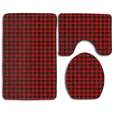 CHAPLLE Custom Rustic Red Black Buffalo Check Plaid 3 Piece Bathroom Rugs Set Bath Rug Contour Mat and Toilet Lid Cover