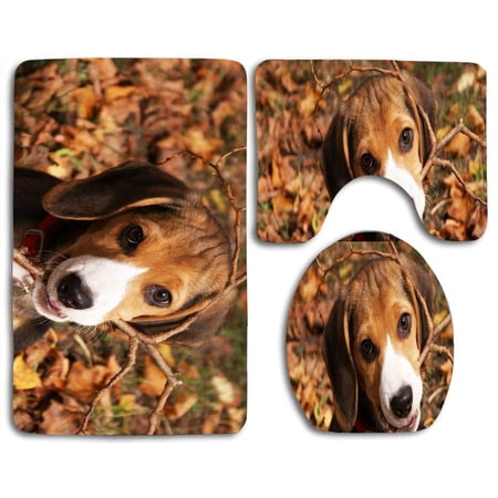 CHAPLLE Cute Beagle Puppy 3 Piece Bathroom Rugs Set Bath Rug Contour Mat and Toilet Lid Cover