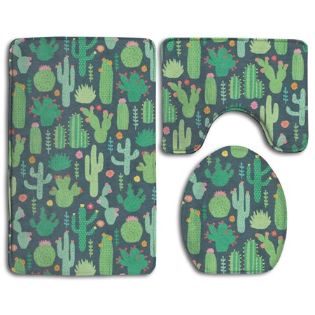 CHAPLLE Cute Cactus Seamless 3 Piece Bathroom Rugs Set Bath Rug Contour Mat and Toilet Lid Cover