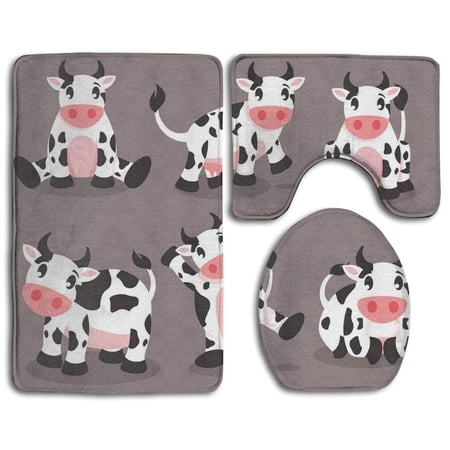 CHAPLLE Cute Cartoon Cow 3 Piece Bathroom Rugs Set Bath Rug Contour Mat and Toilet Lid Cover