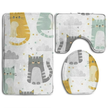 CHAPLLE Cute Cartoon Kittens 3 Piece Bathroom Rugs Set Bath Rug Contour Mat and Toilet Lid Cover