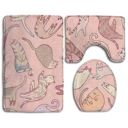 CHAPLLE Cute Cats Pink 3 Piece Bathroom Rugs Set Bath Rug Contour Mat and Toilet Lid Cover