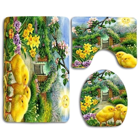 CHAPLLE Cute Chick 3 Piece Bathroom Rugs Set Bath Rug Contour Mat and Toilet Lid Cover