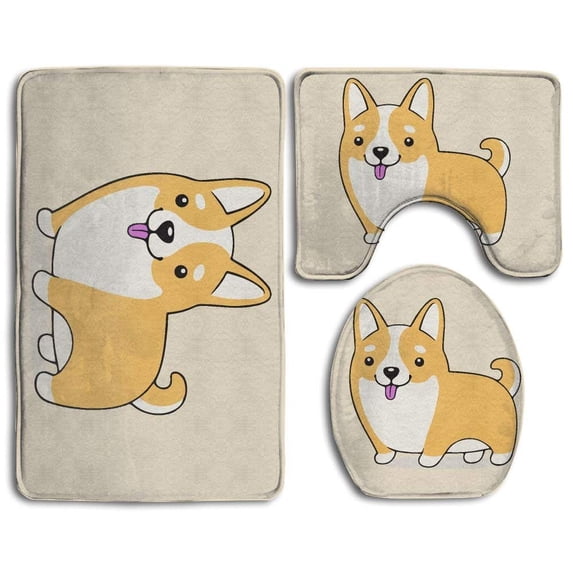 CHAPLLE Cute Corgi 3 Piece Bathroom Rugs Set Bath Rug Contour Mat and Toilet Lid Cover