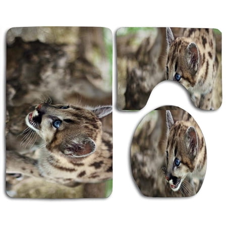CHAPLLE Cute Cougar Cub 3 Piece Bathroom Rugs Set Bath Rug Contour Mat and Toilet Lid Cover