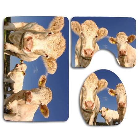 CHAPLLE Cute Curious Cow 3 Piece Bathroom Rugs Set Bath Rug Contour Mat and Toilet Lid Cover