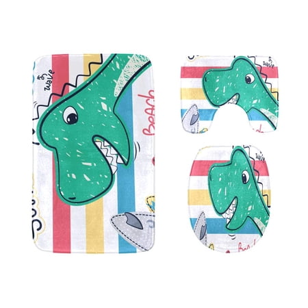 CHAPLLE Cute Dinosaurs Surfer 3 Piece Bathroom Rugs Set Bath Rug Contour Mat and Toilet Lid Cover