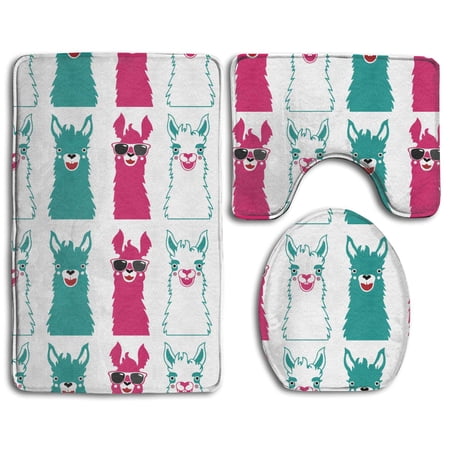CHAPLLE Cute Funny Sunglassess Llama 3 Piece Bathroom Rugs Set Bath Rug Contour Mat and Toilet Lid Cover