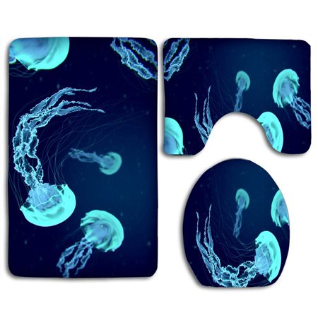CHAPLLE Cute Jellyfish 3 Piece Bathroom Rugs Set Bath Rug Contour Mat and Toilet Lid Cover