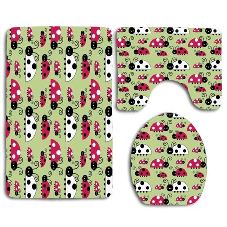 CHAPLLE Cute Ladybug 3 Piece Bathroom Rugs Set Bath Rug Contour Mat and Toilet Lid Cover