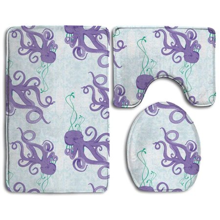 CHAPLLE Cute Octopus 3 Piece Bathroom Rugs Set Bath Rug Contour Mat and Toilet Lid Cover