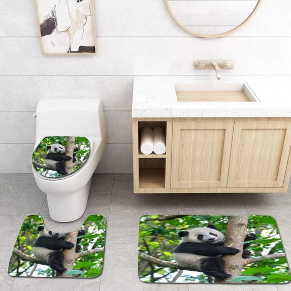 CHAPLLE Cute Panda Bear Climbing in Tree 3 Piece Bathroom Rugs Set Bath Rug Contour Mat and Toilet Lid Cover