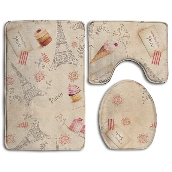 CHAPLLE Cute Paris and Ice Cream 3 Piece Bathroom Rugs Set Bath Rug Contour Mat and Toilet Lid Cover