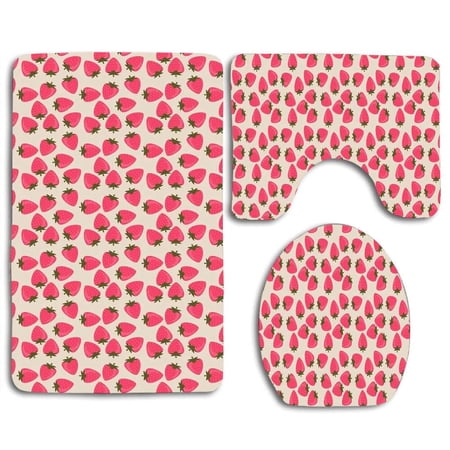 CHAPLLE Cute Pink Strawberry 3 Piece Bathroom Rugs Set Bath Rug Contour Mat and Toilet Lid Cover