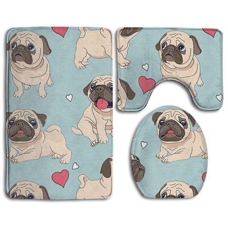 CHAPLLE Cute Pug Dog Love Heart 3 Piece Bathroom Rugs Set Bath Rug Contour Mat and Toilet Lid Cover