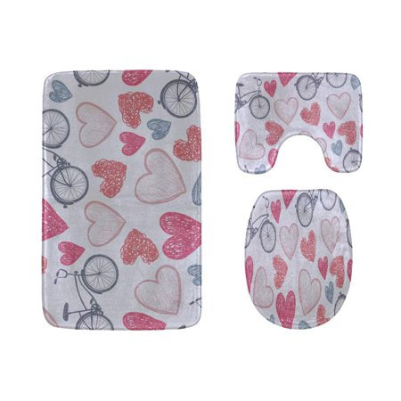 CHAPLLE Cute Retro Bicycles Flowers 3 Piece Bathroom Rugs Set Bath Rug Contour Mat and Toilet Lid Cover