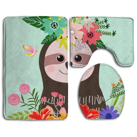 CHAPLLE Cute Sloth 3 Piece Bathroom Rugs Set Bath Rug Contour Mat and Toilet Lid Cover