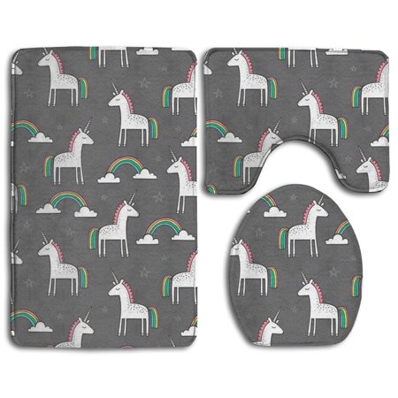 CHAPLLE Cute Unicorn Rainbow 3 Piece Bathroom Rugs Set Bath Rug Contour Mat and Toilet Lid Cover