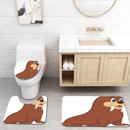 CHAPLLE Cute Walrus Cartoon 3 Piece Bathroom Rugs Set Bath Rug Contour Mat and Toilet Lid Cover