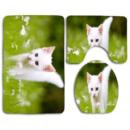 CHAPLLE Cute White Kitten 3 Piece Bathroom Rugs Set Bath Rug Contour Mat and Toilet Lid Cover