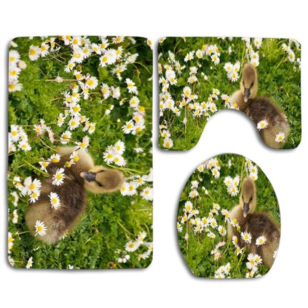 CHAPLLE Cute Yellow Bird and Daisy 3 Piece Bathroom Rugs Set Bath Rug Contour Mat and Toilet Lid Cover