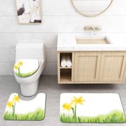 CHAPLLE Daffodil Daffodil Flower in Grass Field Meadows Freshening Uniform Colored Green 3 Piece Bathroom Rugs Set Bath Rug Contour Mat and Toilet Lid Cover