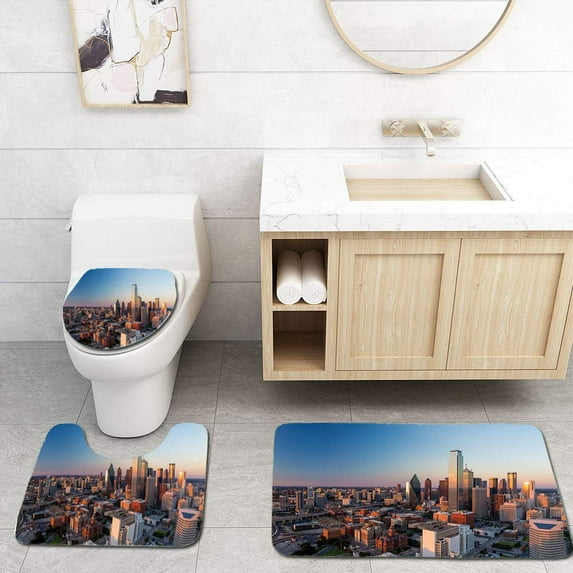 CHAPLLE Dallas Texas Cityscape 3 Piece Bathroom Rugs Set Bath Rug Contour Mat and Toilet Lid Cover