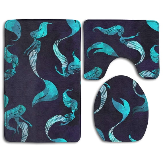 CHAPLLE Dark Night Mermaid 3 Piece Bathroom Rugs Set Bath Rug Contour Mat and Toilet Lid Cover