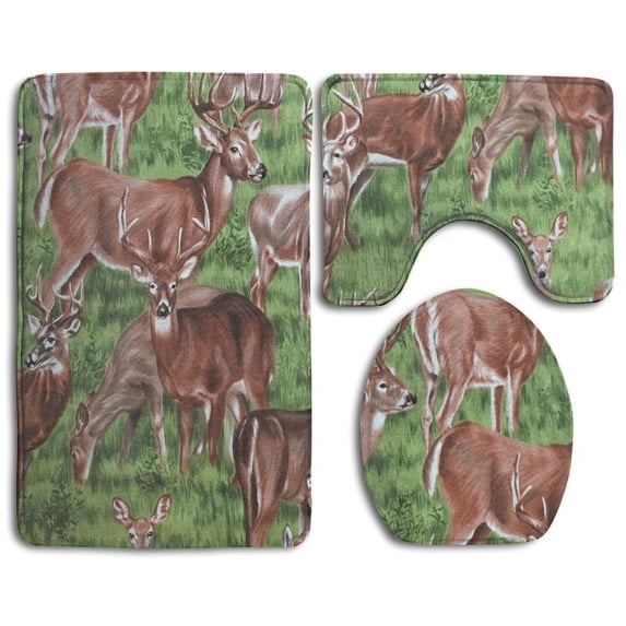 CHAPLLE Deer Fawn Green Cotton Fabric 3 Piece Bathroom Rugs Set Bath Rug Contour Mat and Toilet Lid Cover