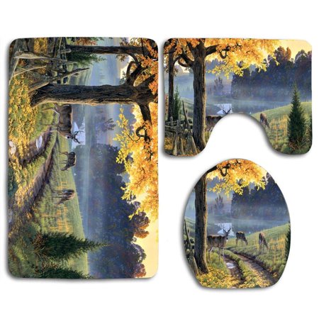 CHAPLLE Deer Forest Cold Grazing 3 Piece Bathroom Rugs Set Bath Rug Contour Mat and Toilet Lid Cover
