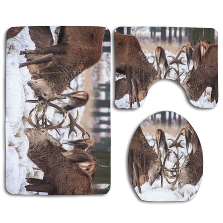 CHAPLLE Deers Fighting at Winter Forest 3 Piece Bathroom Rugs Set Bath Rug Contour Mat and Toilet Lid Cover