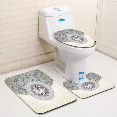 CHAPLLE Diamond Oriental Floral Diamonds Swirling Branches Ethnic Style Digital s Golden 3 Piece Bathroom Rugs Set Bath Rug Contour Mat and Toilet Lid Cover