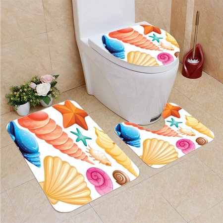 CHAPLLE Different Types Seashells 3 Piece Bathroom Rugs Set Bath Rug Contour Mat and Toilet Lid Cover