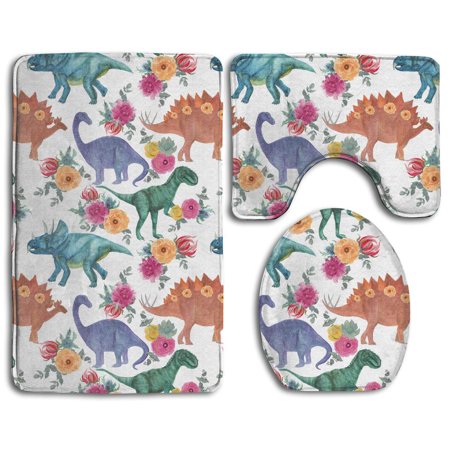 CHAPLLE Dinosaurs and Flowers 3 Piece Bathroom Rugs Set Bath Rug Contour Mat and Toilet Lid Cover