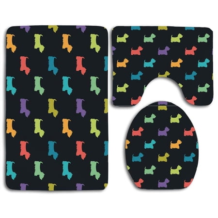 CHAPLLE Dog Lover Colorful Dog Silhouettes West Highland Terriers Canine Cartoon Fun 3 Piece Bathroom Rugs Set Bath Rug Contour Mat and Toilet Lid Cover