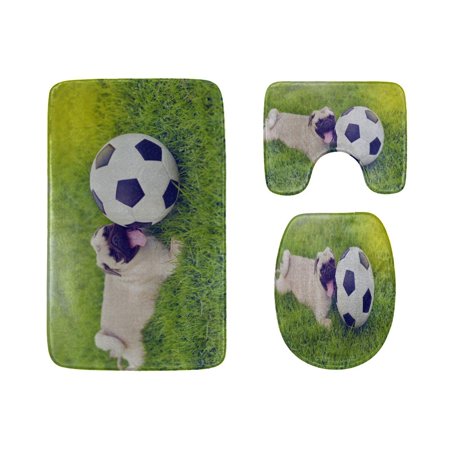 CHAPLLE Dog Puppy Soccer Ball 3 Piece Bathroom Rugs Set Bath Rug Contour Mat and Toilet Lid Cover