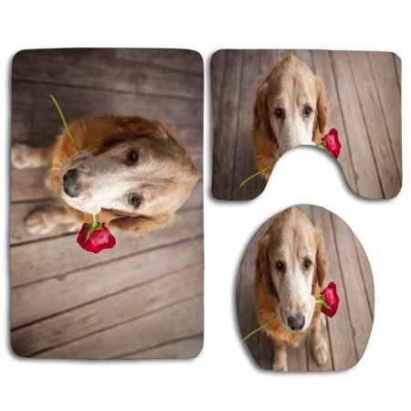 CHAPLLE Dog Rose 3 Piece Bathroom Rugs Set Bath Rug Contour Mat and Toilet Lid Cover