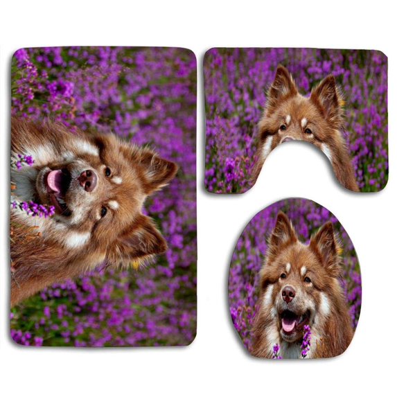 CHAPLLE Dog in Purple Field 3 Piece Bathroom Rugs Set Bath Rug Contour Mat and Toilet Lid Cover