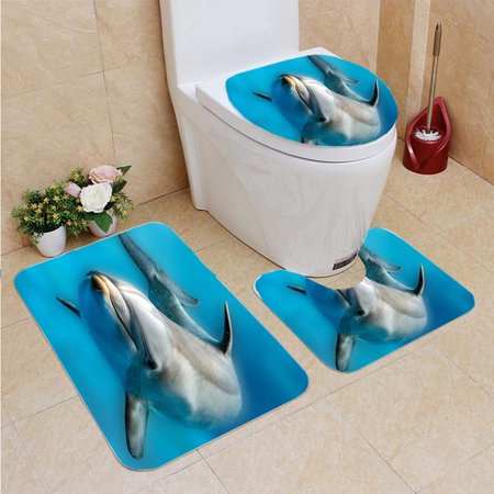 CHAPLLE Dolphin Close up Portrait Detail While Looking at You 3 Piece Bathroom Rugs Set Bath Rug Contour Mat and Toilet Lid Cover