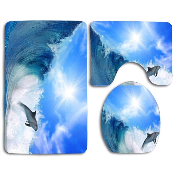 CHAPLLE Dolphin Ocean Waves 3 Piece Bathroom Rugs Set Bath Rug Contour Mat and Toilet Lid Cover
